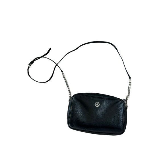 Michael Kors Handbags - MICHAEL KORS Black Pebble Leather Silver Chain Crossbody Bag
